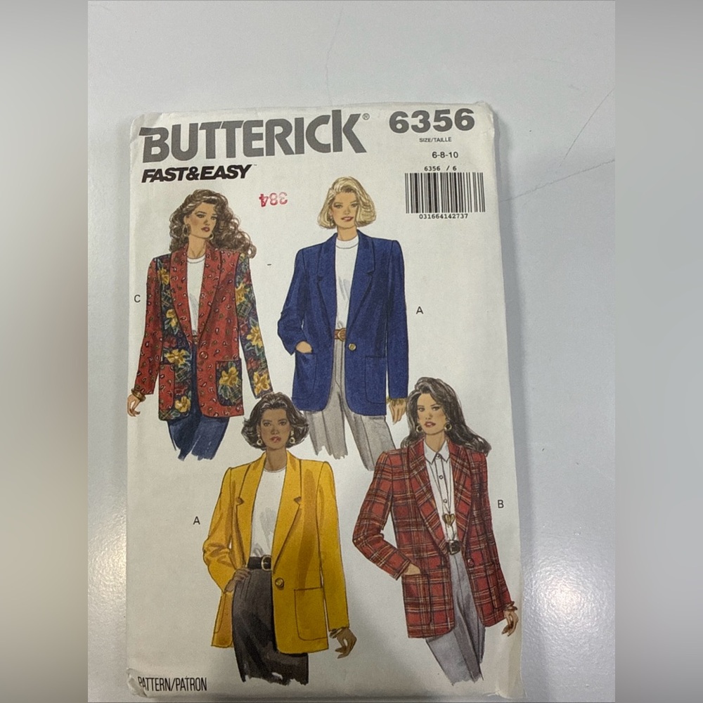 Butterick Loose fitting Jacket Blazer‎ Pattern 6356 size 6-8-10  UNCUT
